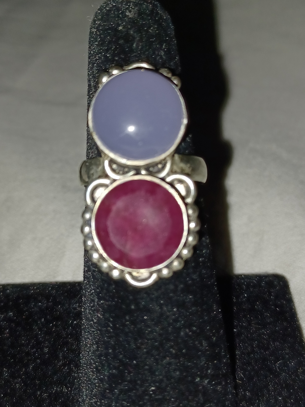 Handcrafted Double Stone Silver Ring - Lavender and Deep Pink Approx Size 5